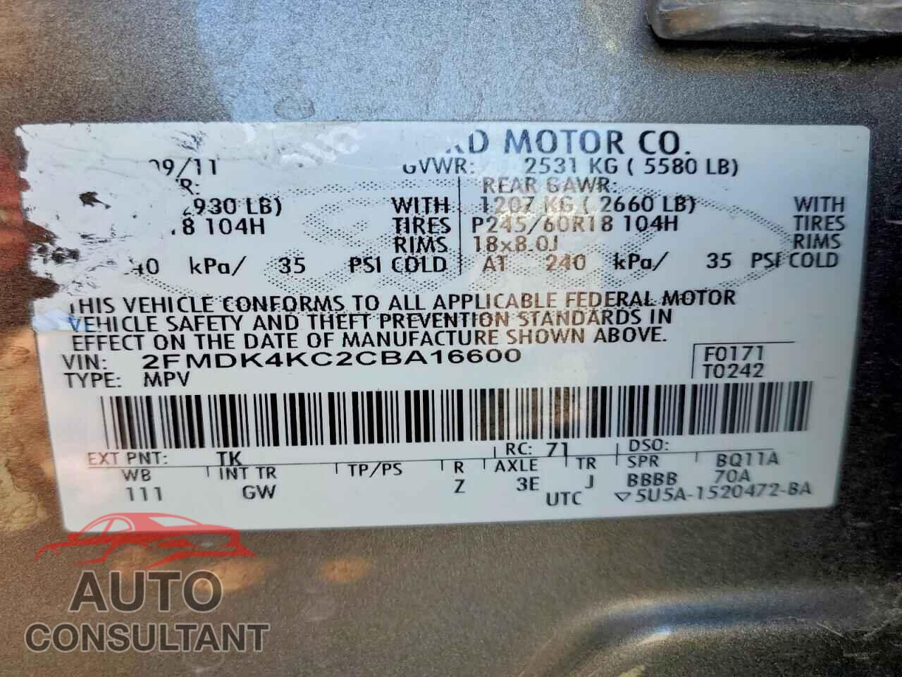 FORD EDGE 2012 - 2FMDK4KC2CBA16600