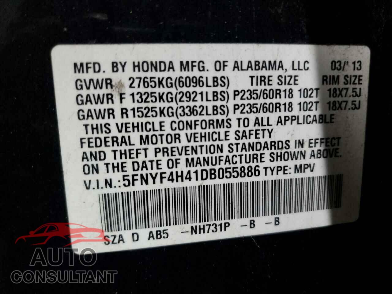 HONDA PILOT 2013 - 5FNYF4H41DB055886