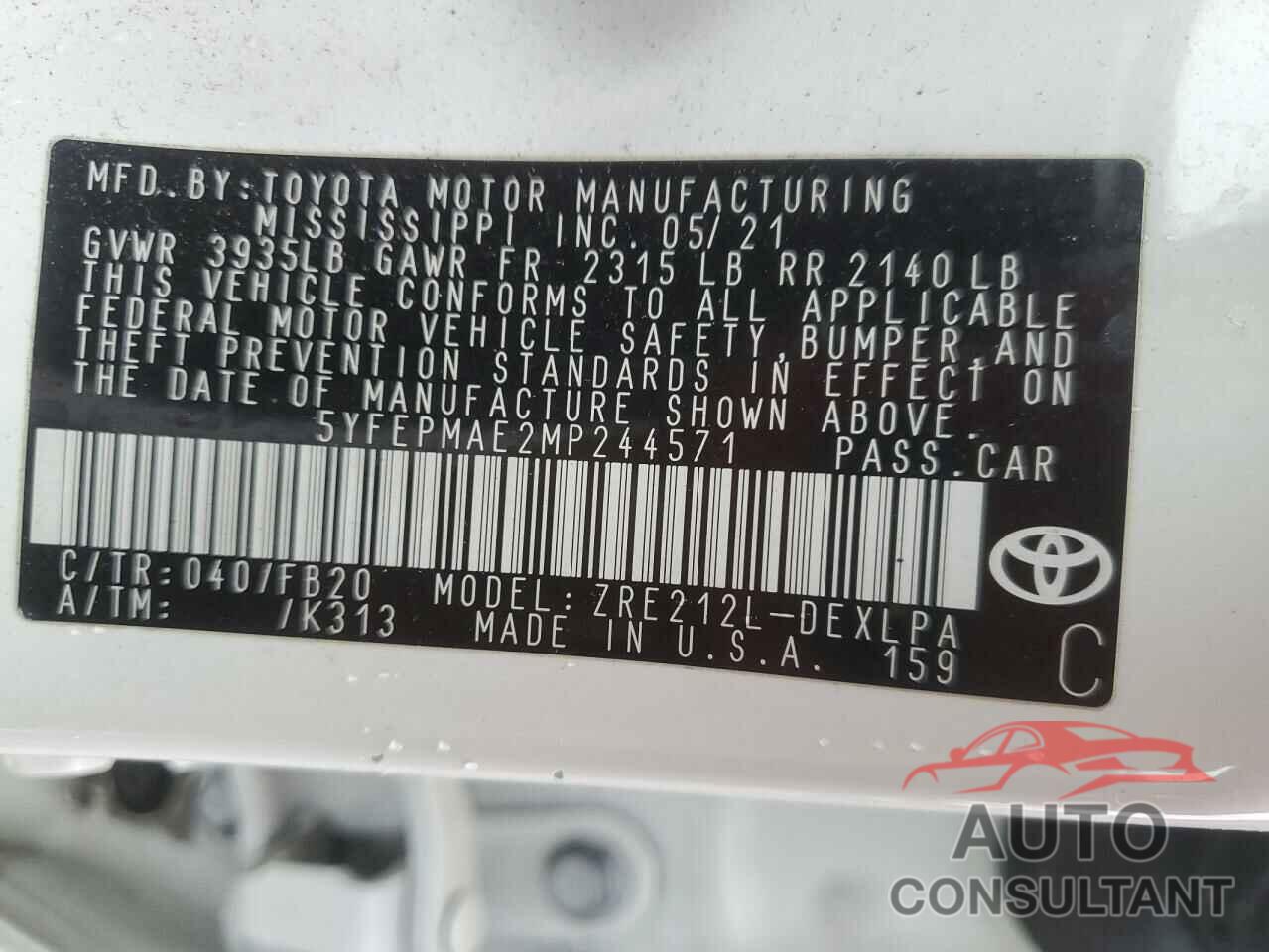 TOYOTA COROLLA 2021 - 5YFEPMAE2MP244571