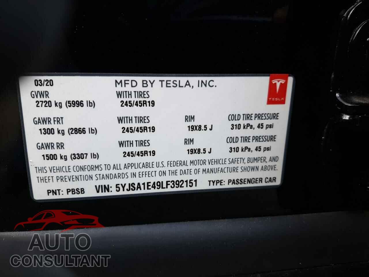 TESLA MODEL S 2020 - 5YJSA1E49LF392151