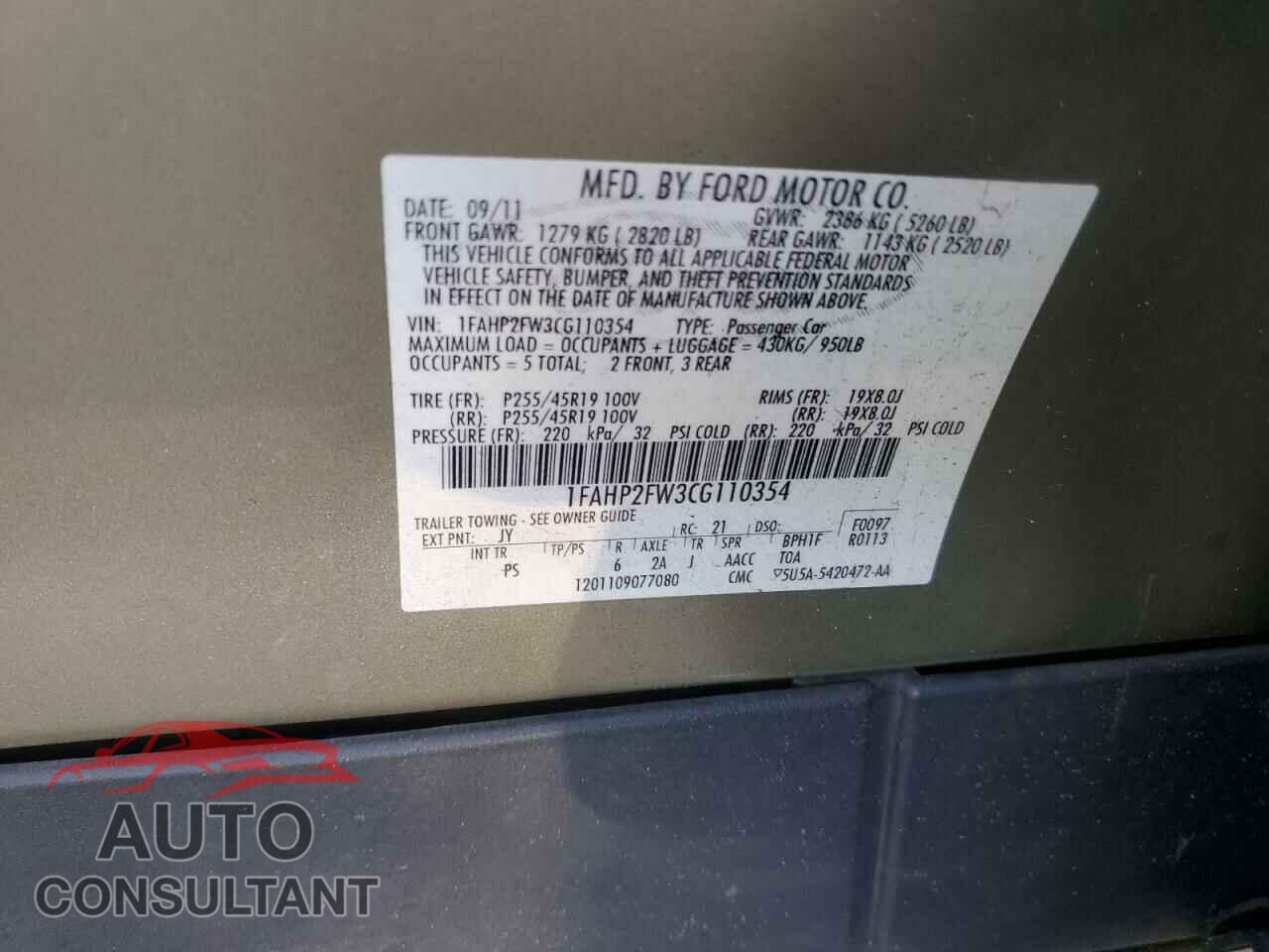 FORD TAURUS 2012 - 1FAHP2FW3CG110354