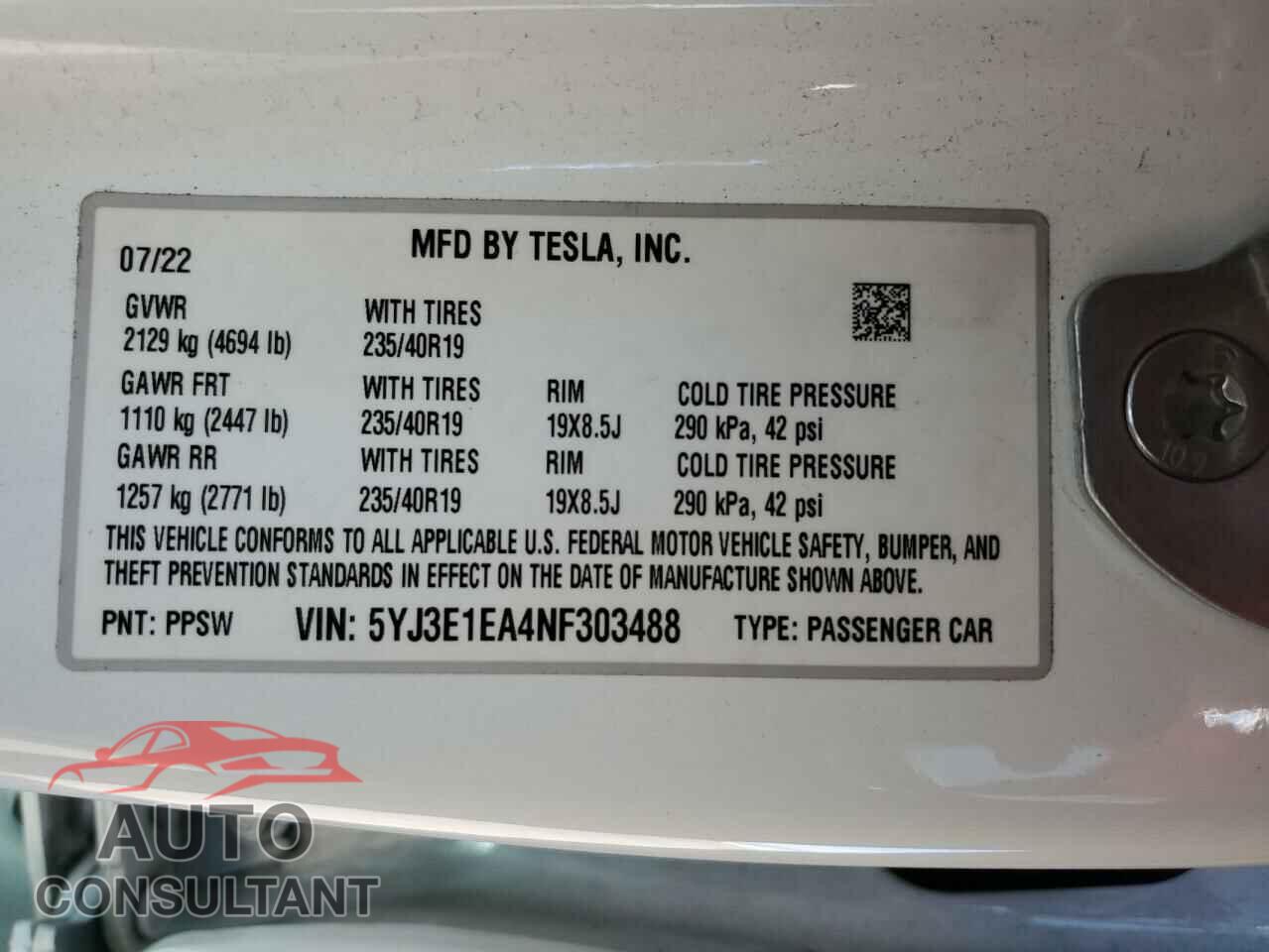 TESLA MODEL 3 2022 - 5YJ3E1EA4NF303488