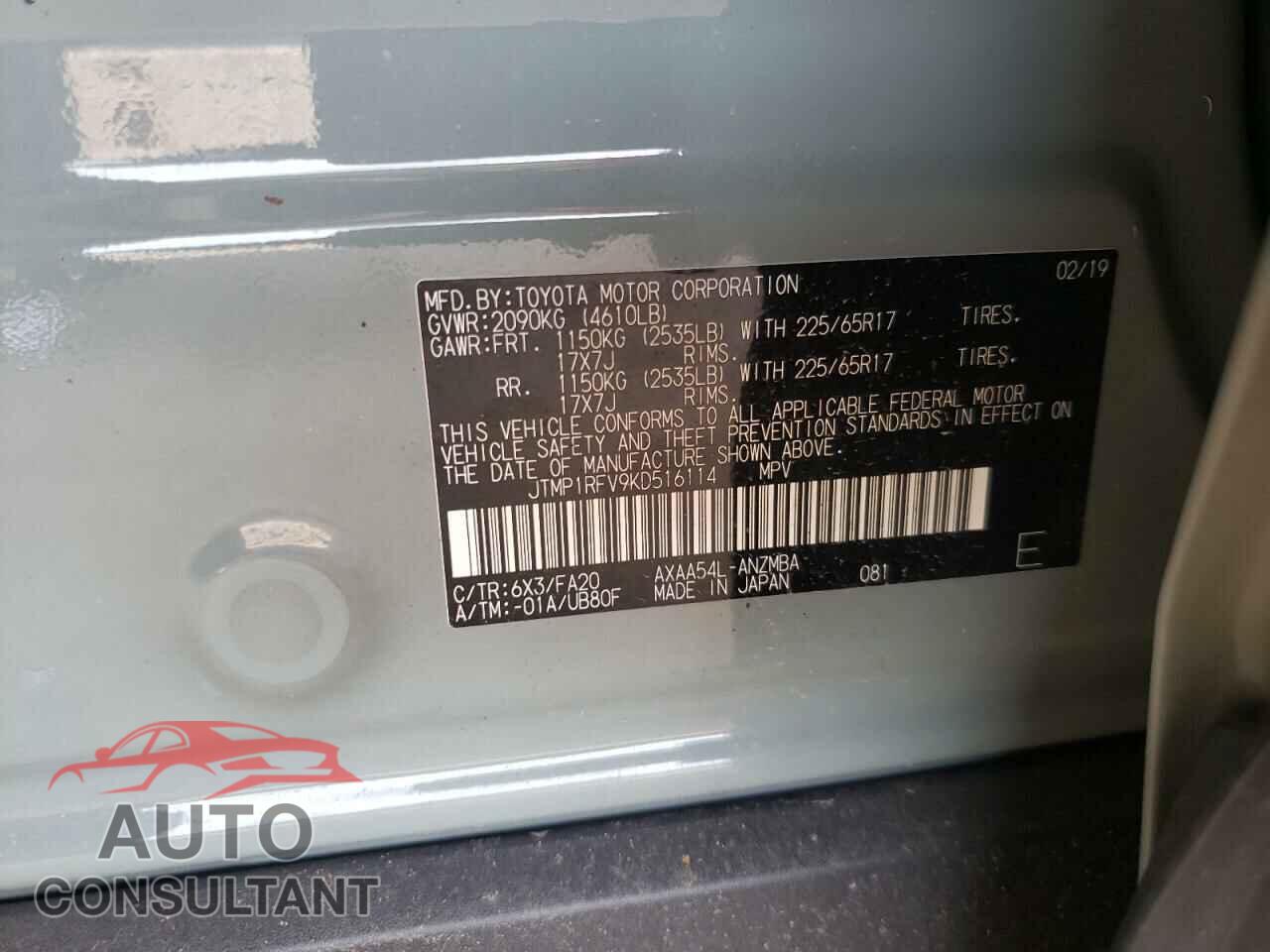 TOYOTA RAV4 2019 - JTMP1RFV9KD516114