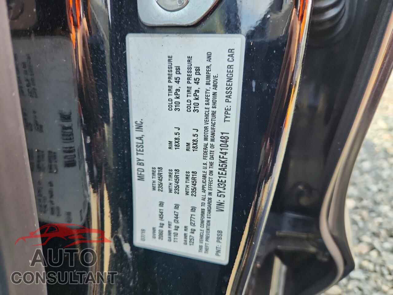 TESLA MODEL 3 2019 - 5YJ3E1EA5KF410481