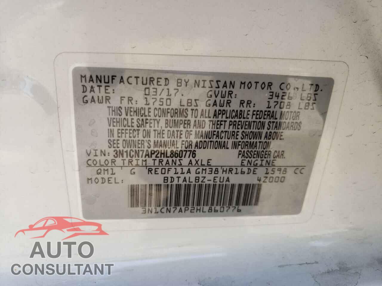 NISSAN VERSA 2017 - 3N1CN7AP2HL860776