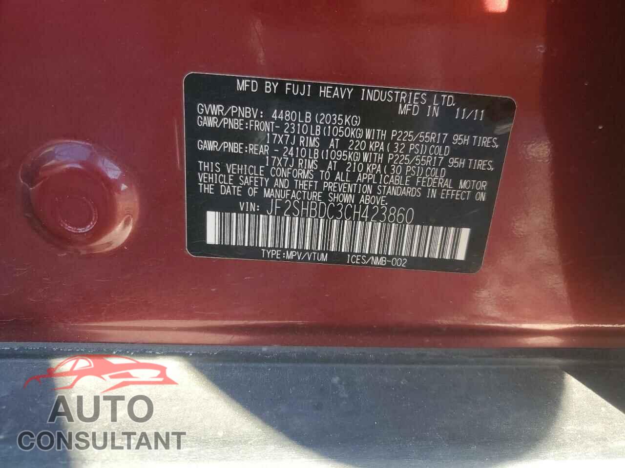 SUBARU FORESTER 2012 - JF2SHBDC3CH423860