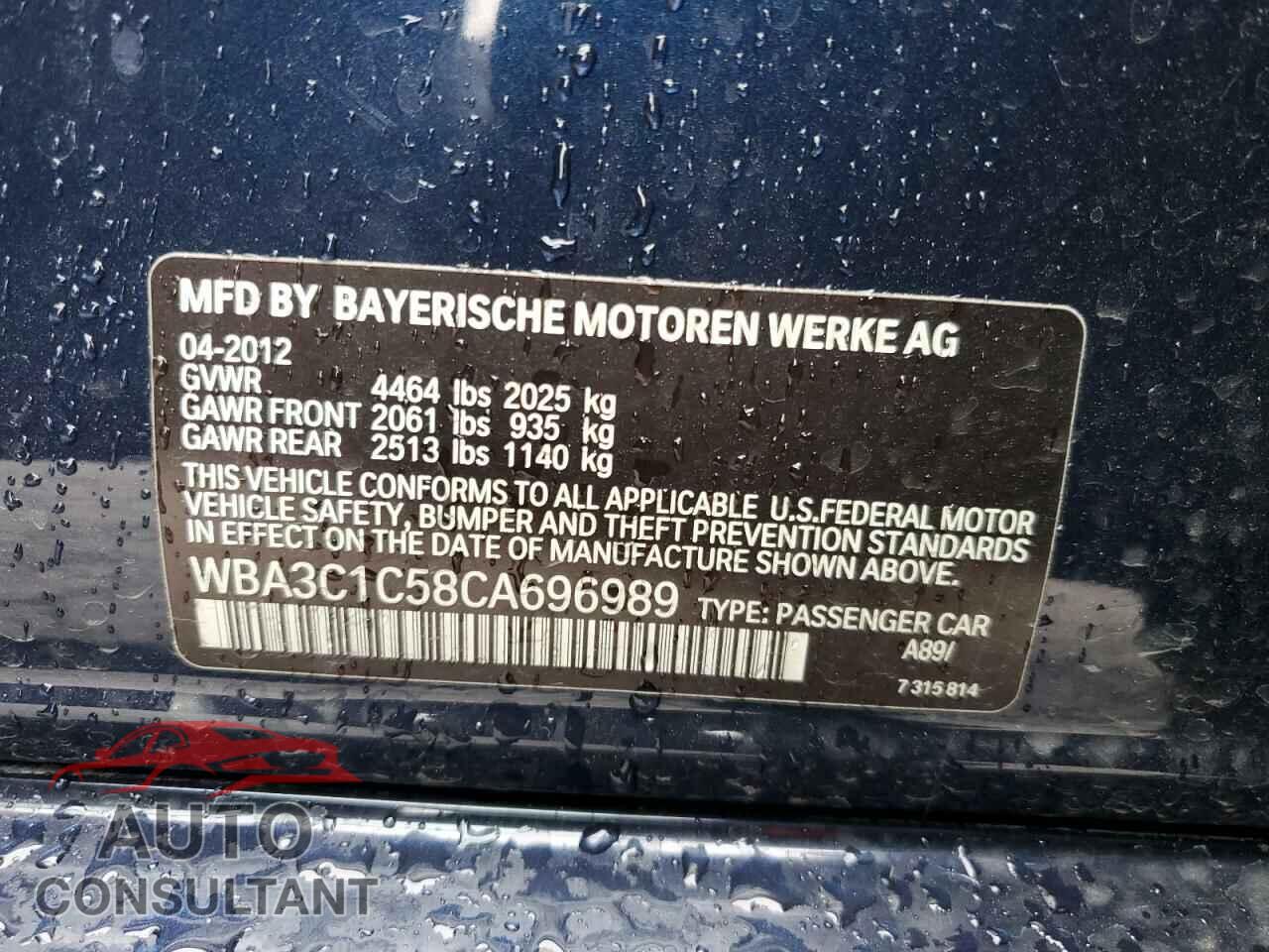 BMW 3 SERIES 2012 - WBA3C1C58CA696989