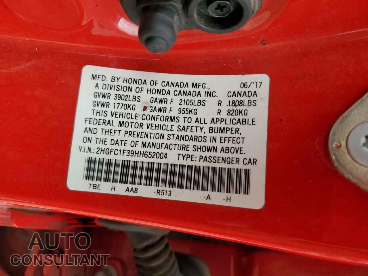 HONDA CIVIC 2017 - 2HGFC1F39HH652004