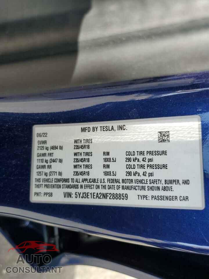 TESLA MODEL 3 2022 - 5YJ3E1EA2NF288859