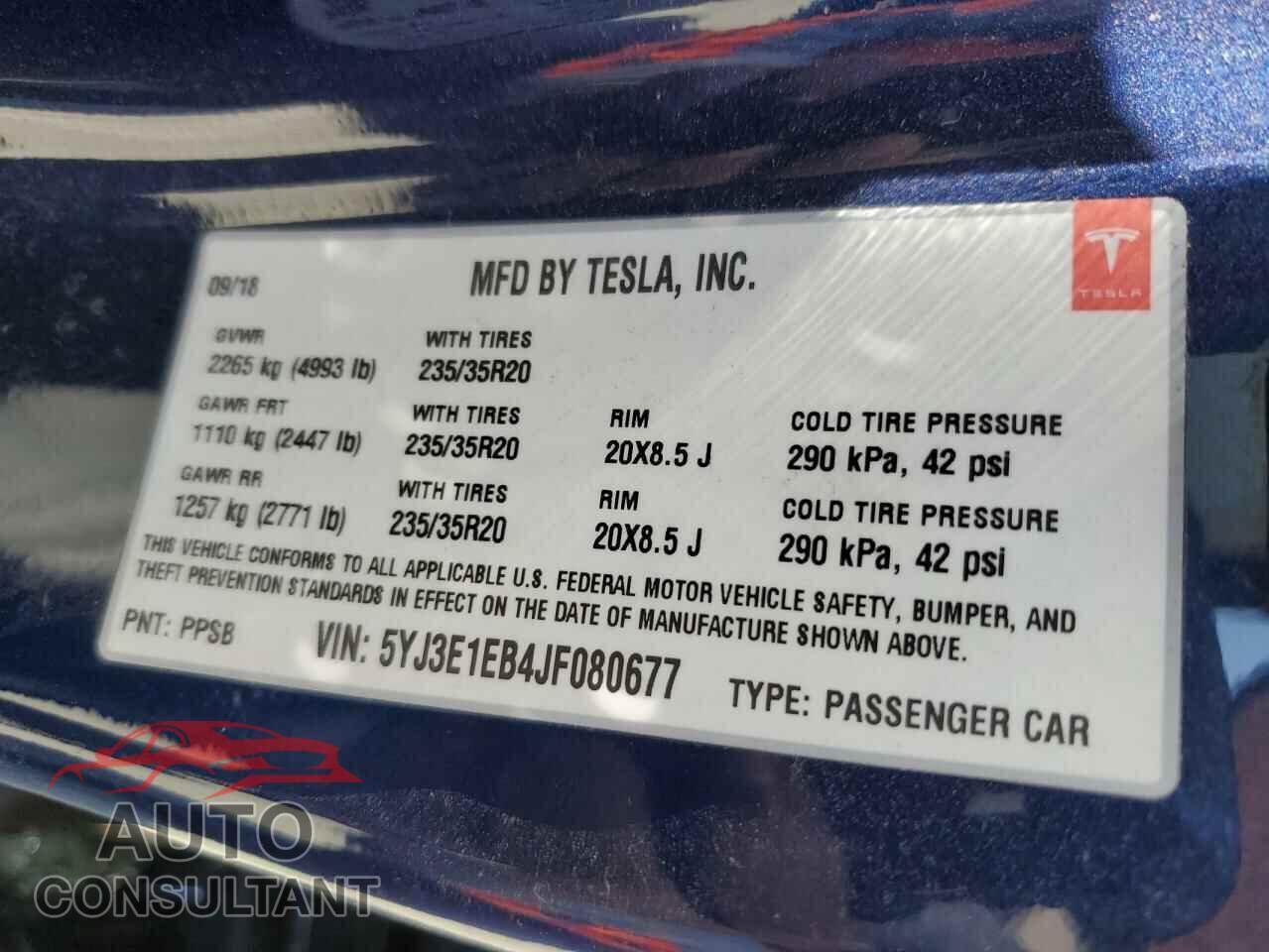 TESLA MODEL 3 2018 - 5YJ3E1EB4JF080677