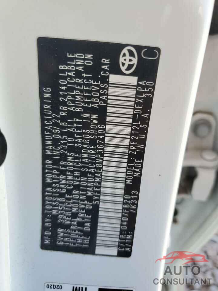 TOYOTA COROLLA 2022 - 5YFEPMAE8NP367406