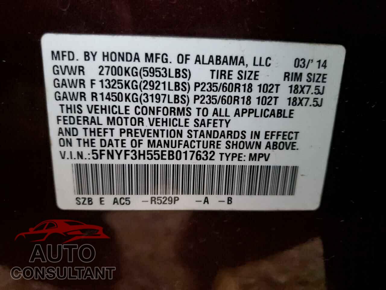 HONDA PILOT 2014 - 5FNYF3H55EB017632