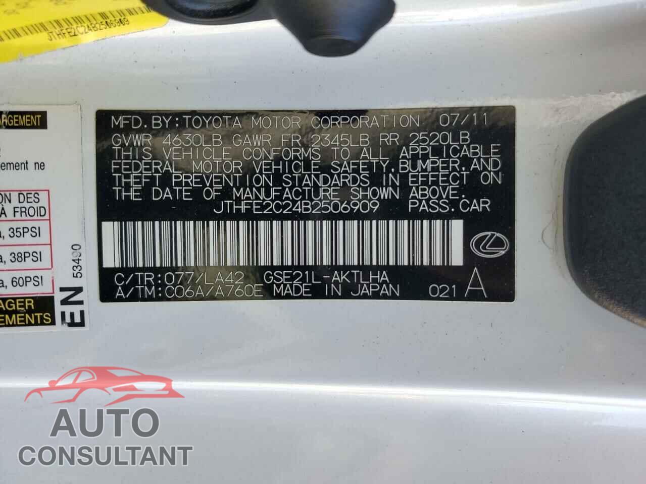 LEXUS IS 2011 - JTHFE2C24B2506909