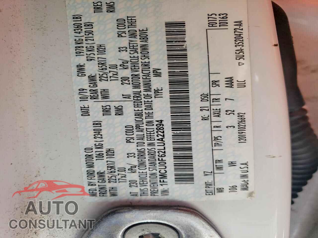 FORD ESCAPE 2020 - 1FMCU0F62LUA22894