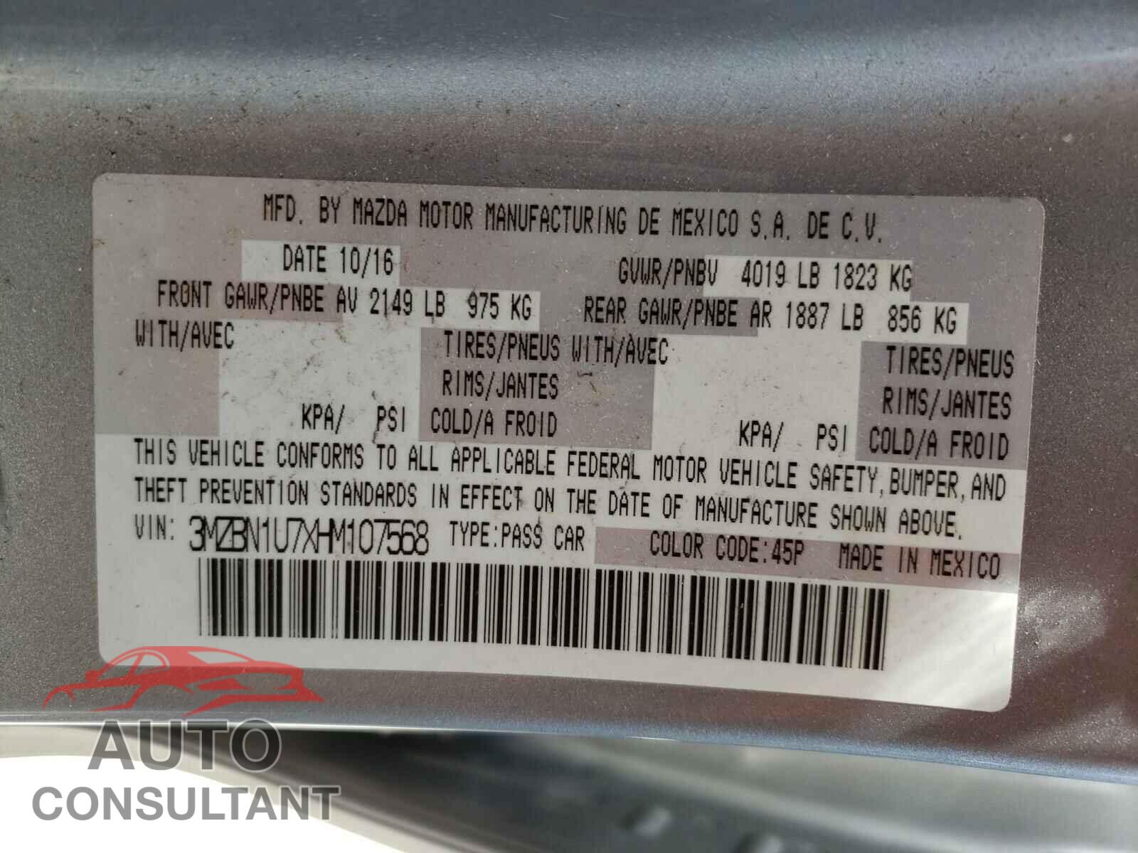 MAZDA 3 2017 - 3MZBN1U7XHM107568