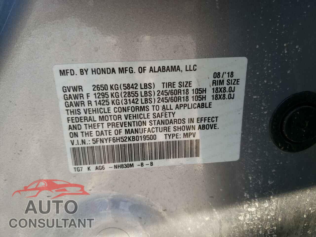 HONDA PILOT 2019 - 5FNYF6H52KB019500