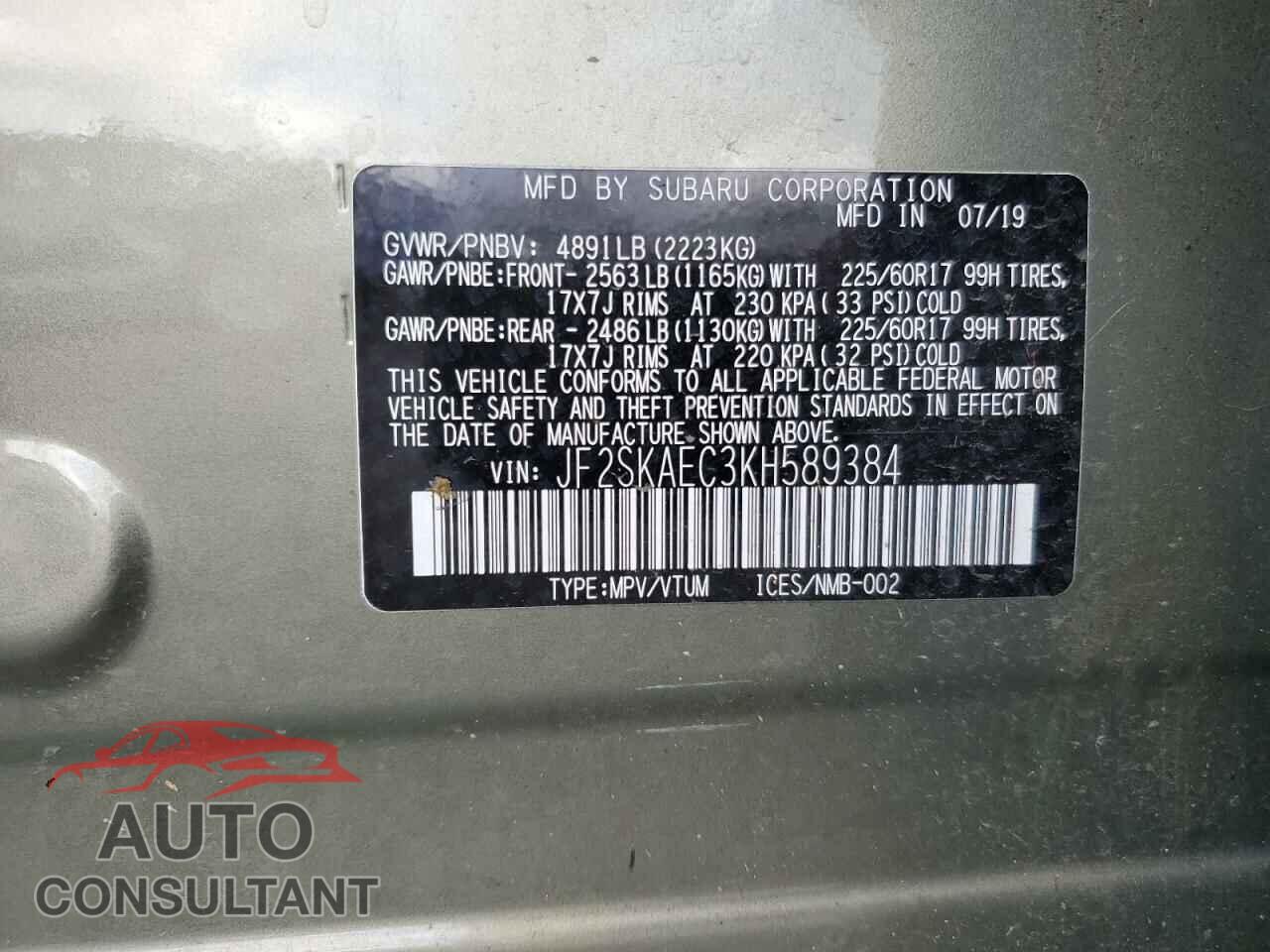 SUBARU FORESTER 2019 - JF2SKAEC3KH589384