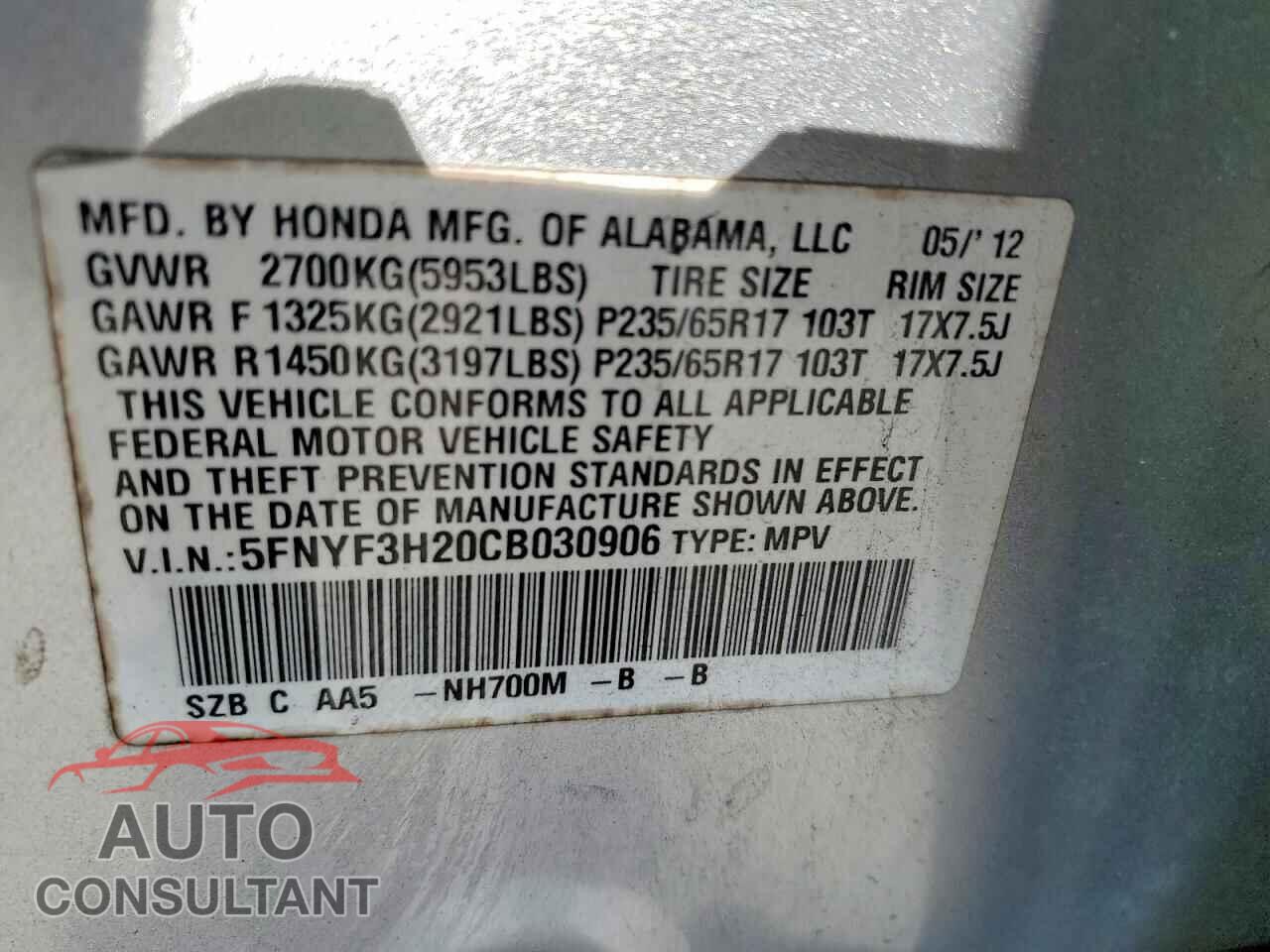 HONDA PILOT 2012 - 5FNYF3H20CB030906