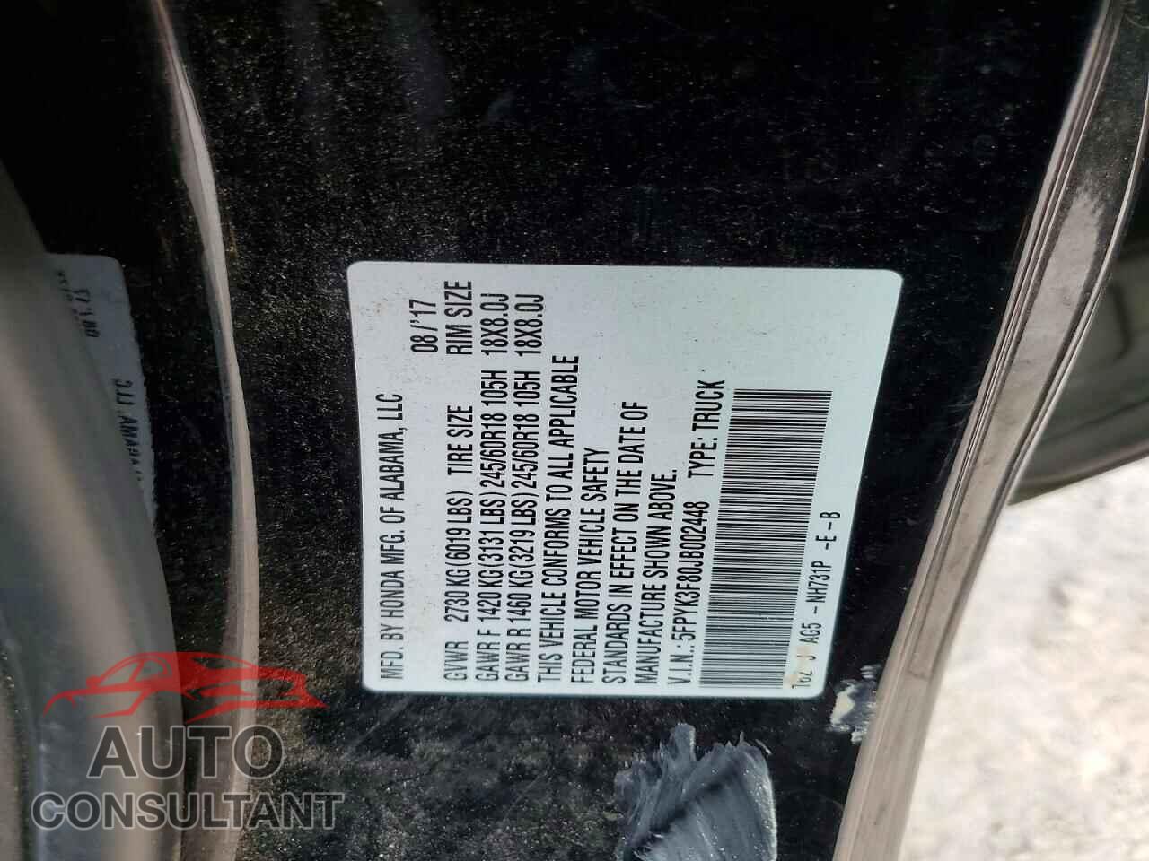 HONDA RIDGELINE 2018 - 5FPYK3F80JB002448