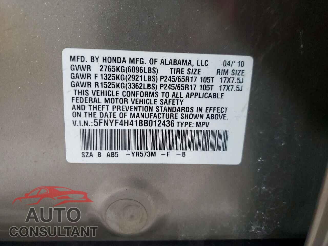 HONDA PILOT 2011 - 5FNYF4H41BB012436