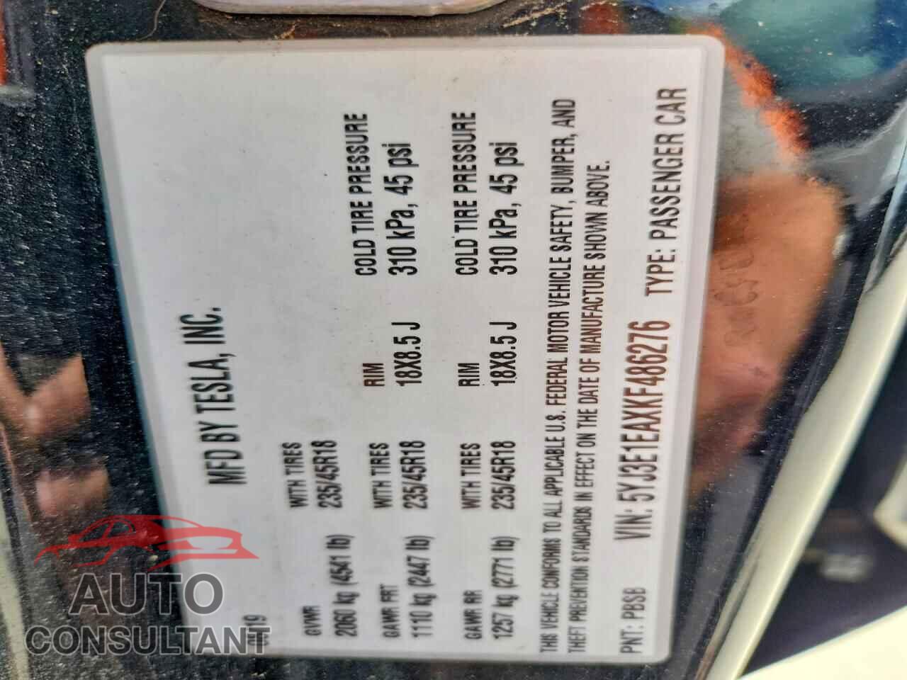 TESLA MODEL 3 2019 - 5YJ3E1EAXKF486276