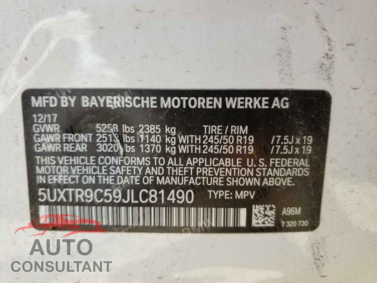 BMW X3 2018 - 5UXTR9C59JLC81490
