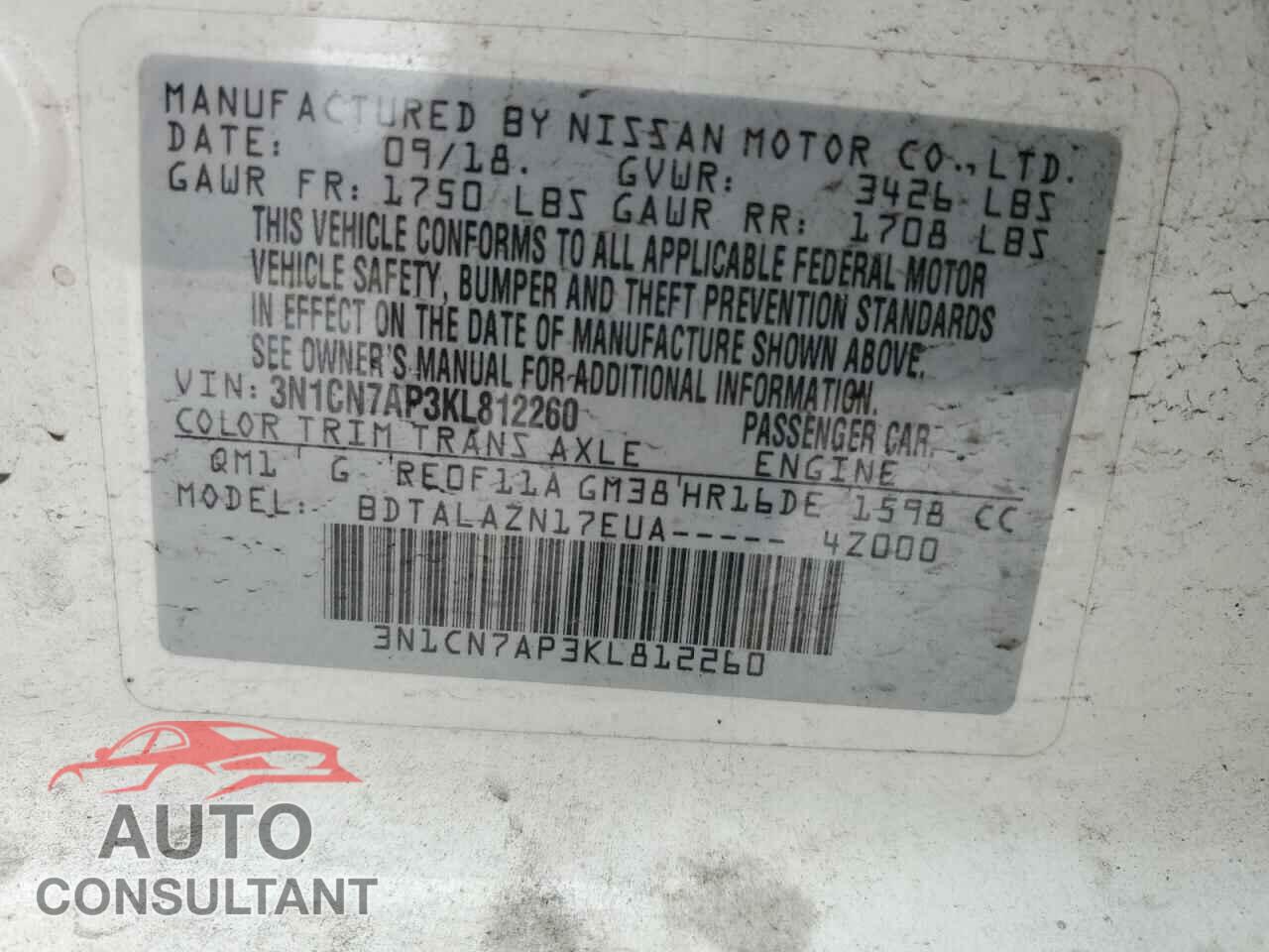 NISSAN VERSA 2019 - 3N1CN7AP3KL812260