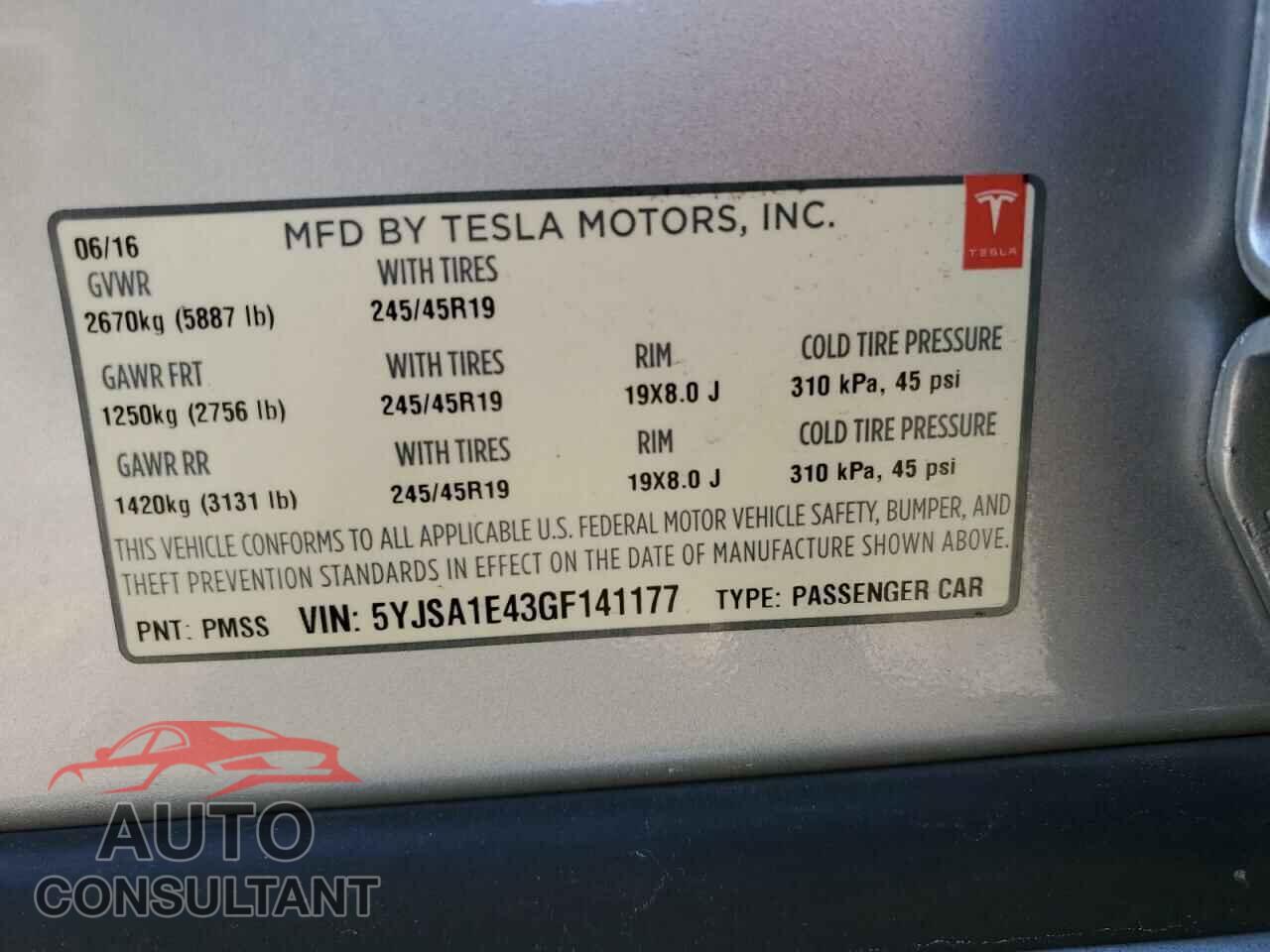 TESLA MODEL S 2016 - 5YJSA1E43GF141177