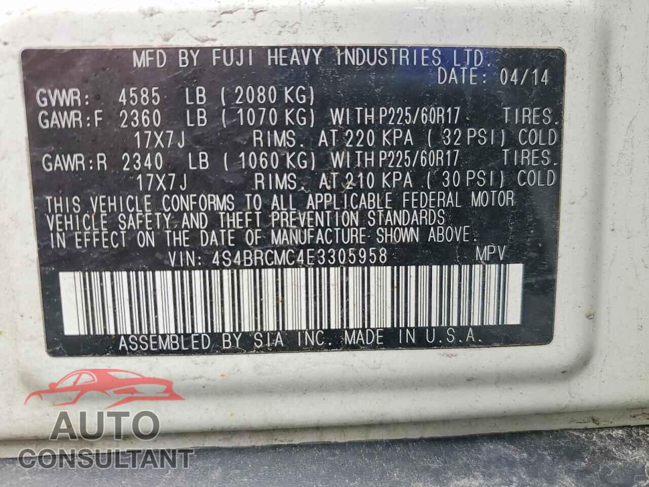 SUBARU OUTBACK 2014 - 4S4BRCMC4E3305958