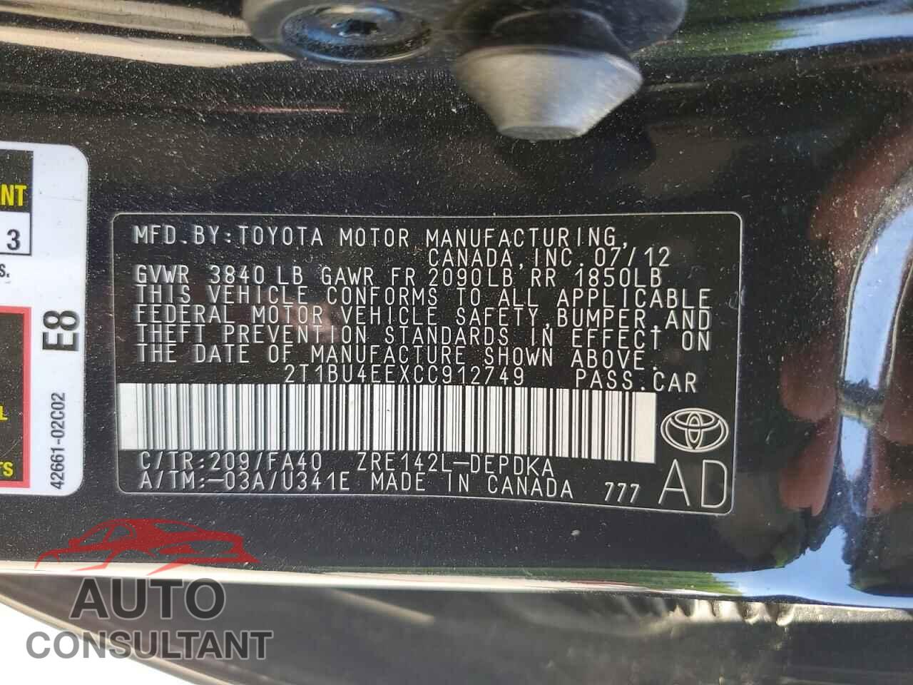 TOYOTA COROLLA 2012 - 2T1BU4EEXCC912749