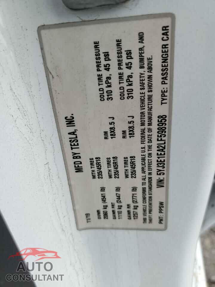 TESLA MODEL 3 2020 - 5YJ3E1EA2LF598958