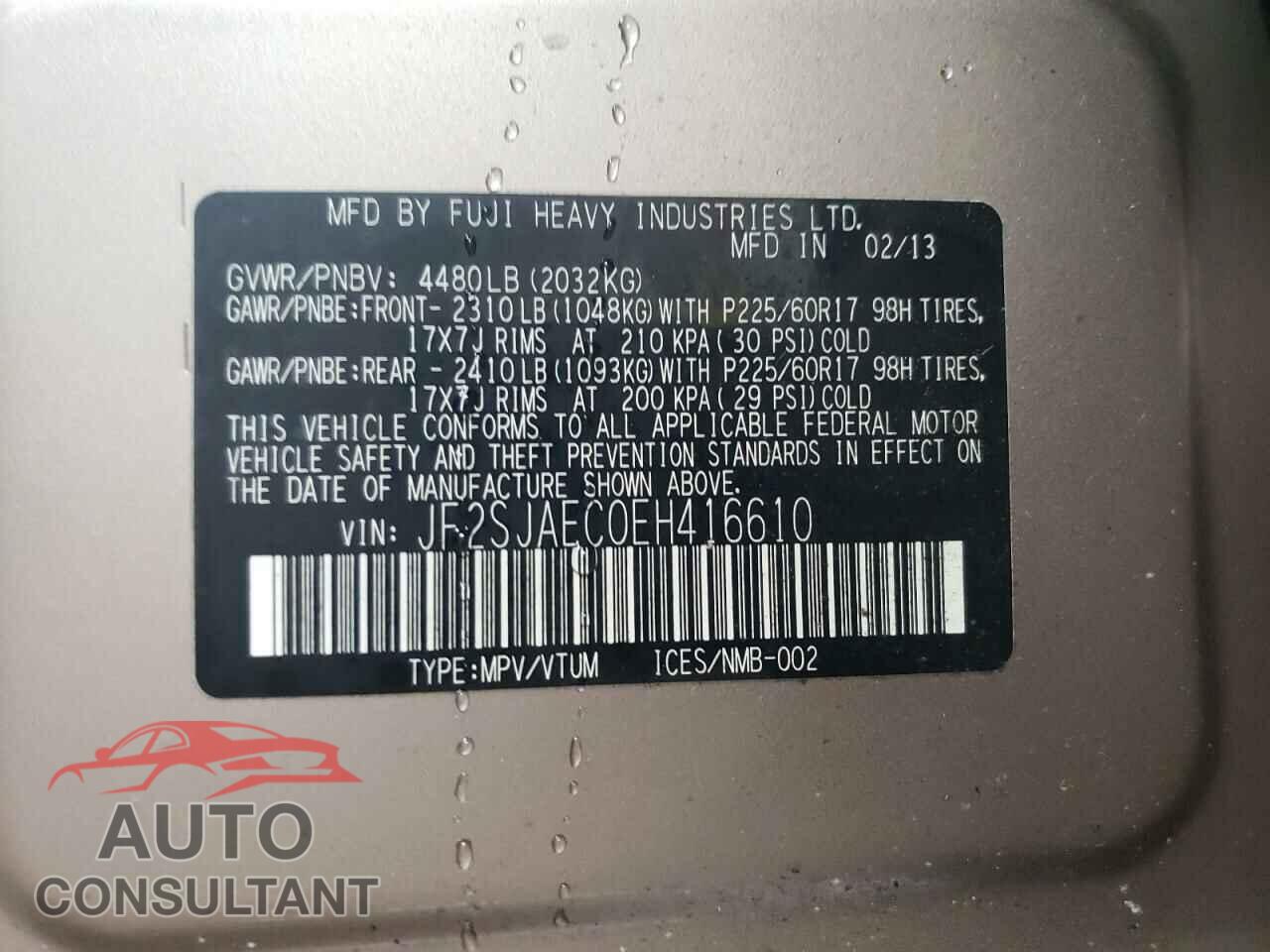 SUBARU FORESTER 2014 - JF2SJAEC0EH416610