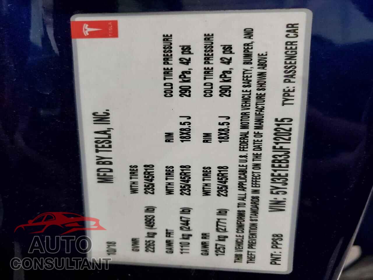 TESLA MODEL 3 2018 - 5YJ3E1EB3JF120215