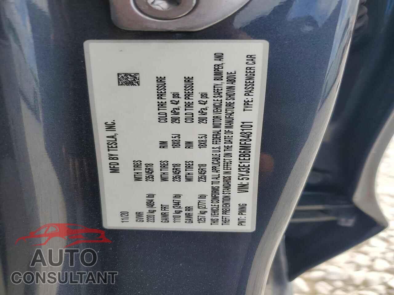 TESLA MODEL 3 2021 - 5YJ3E1EB6MF848101