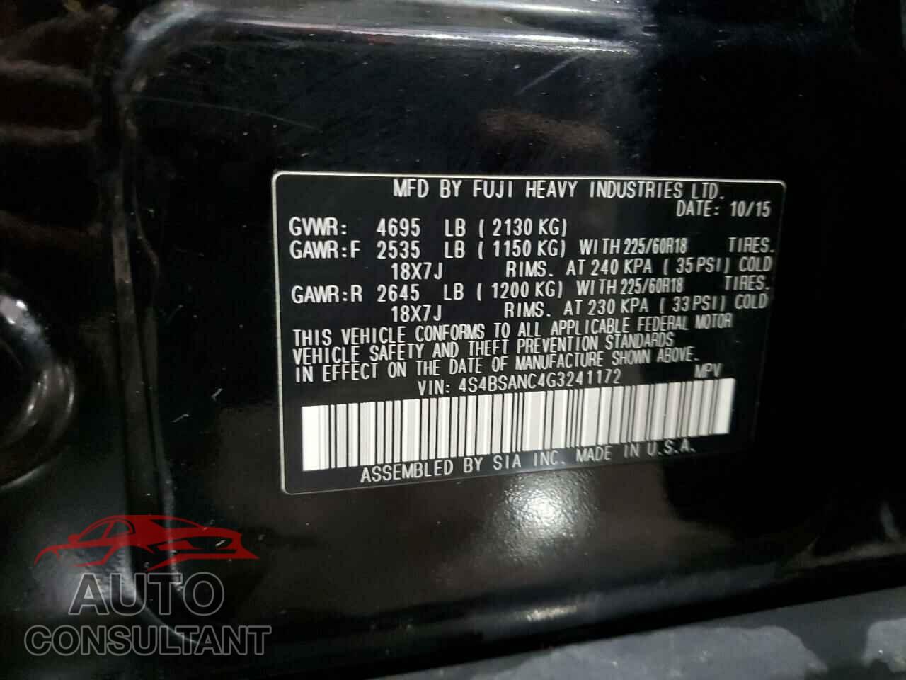 SUBARU OUTBACK 2016 - 4S4BSANC4G3241172