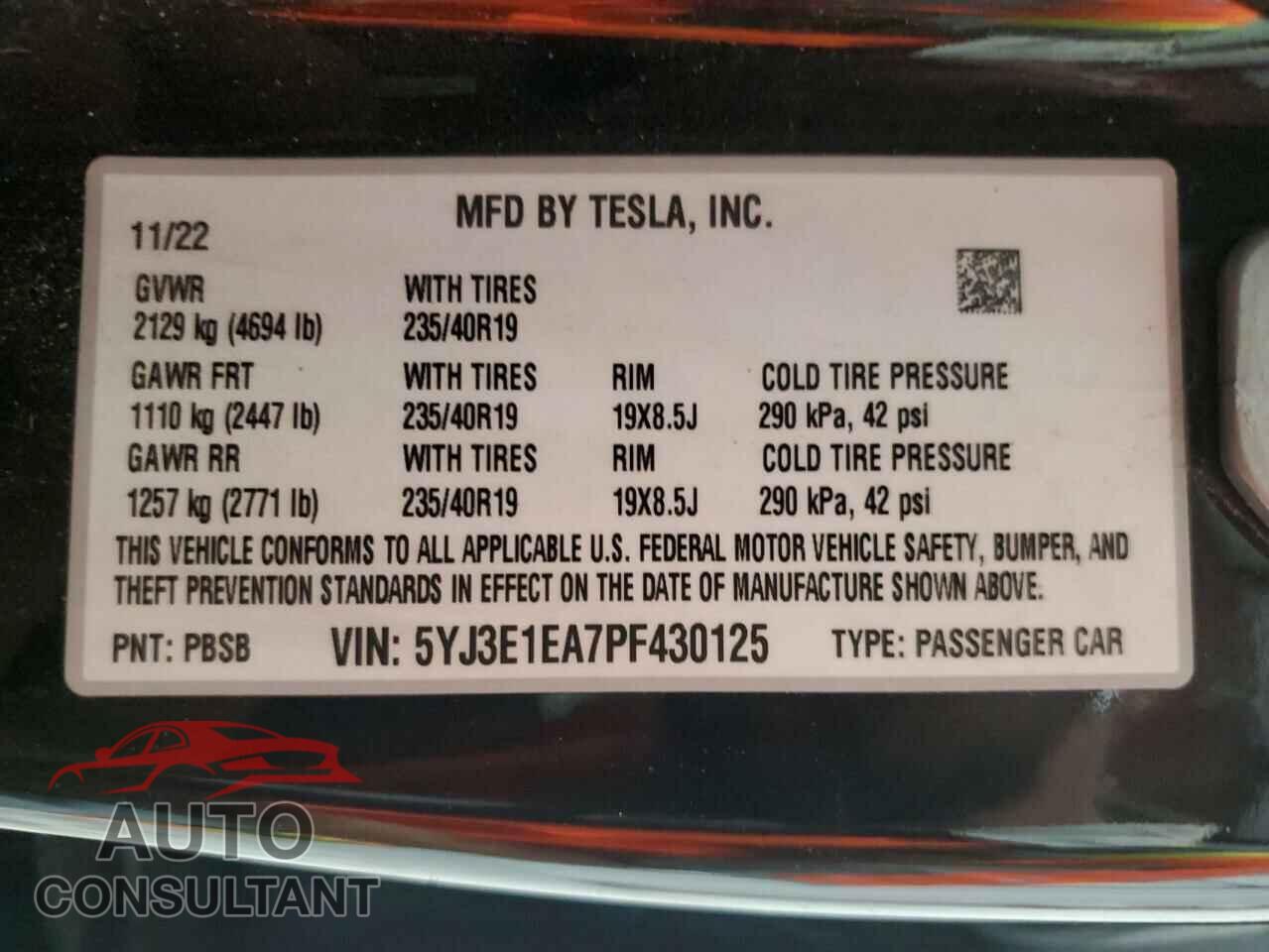 TESLA MODEL 3 2023 - 5YJ3E1EA7PF430125
