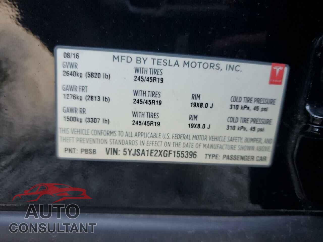 TESLA MODEL S 2016 - 5YJSA1E2XGF155396