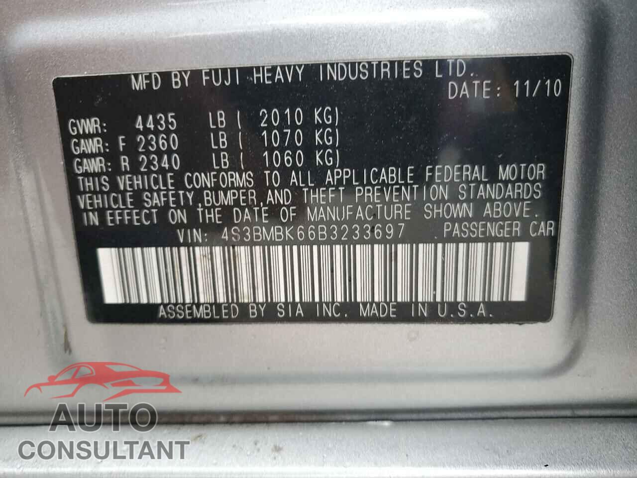 SUBARU LEGACY 2011 - 4S3BMBK66B3233697