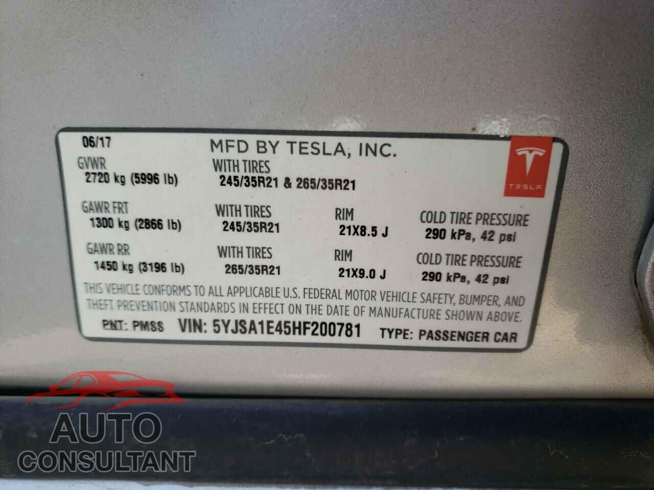 TESLA MODEL S 2017 - 5YJSA1E45HF200781