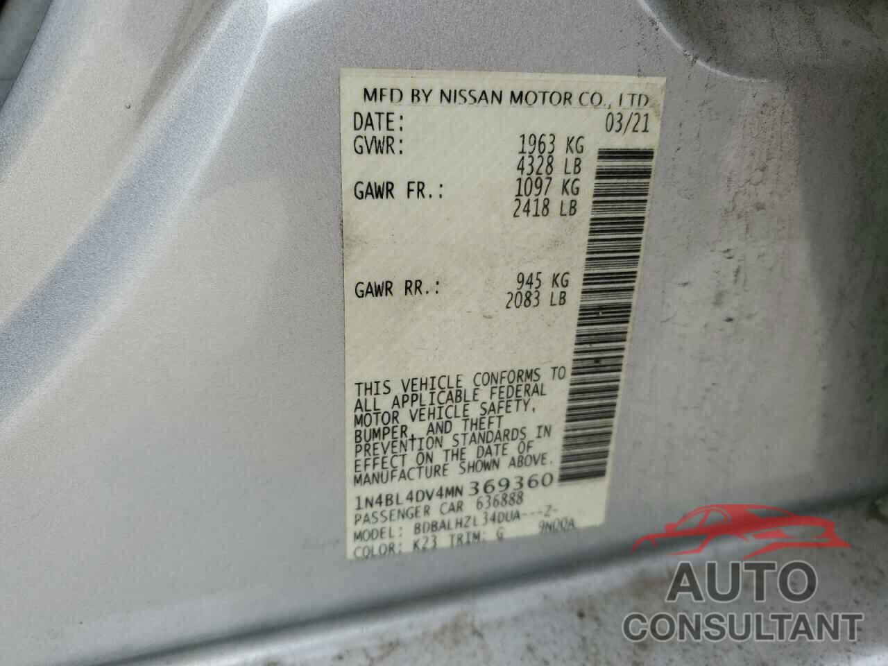 NISSAN ALTIMA 2021 - 1N4BL4DV4MN369360