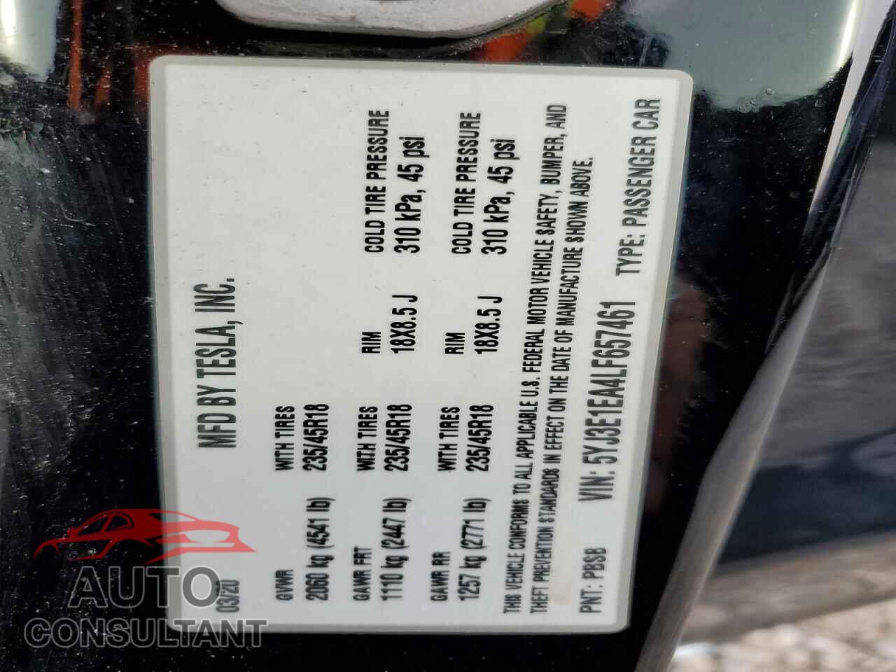 TESLA MODEL 3 2020 - 5YJ3E1EA4LF657461