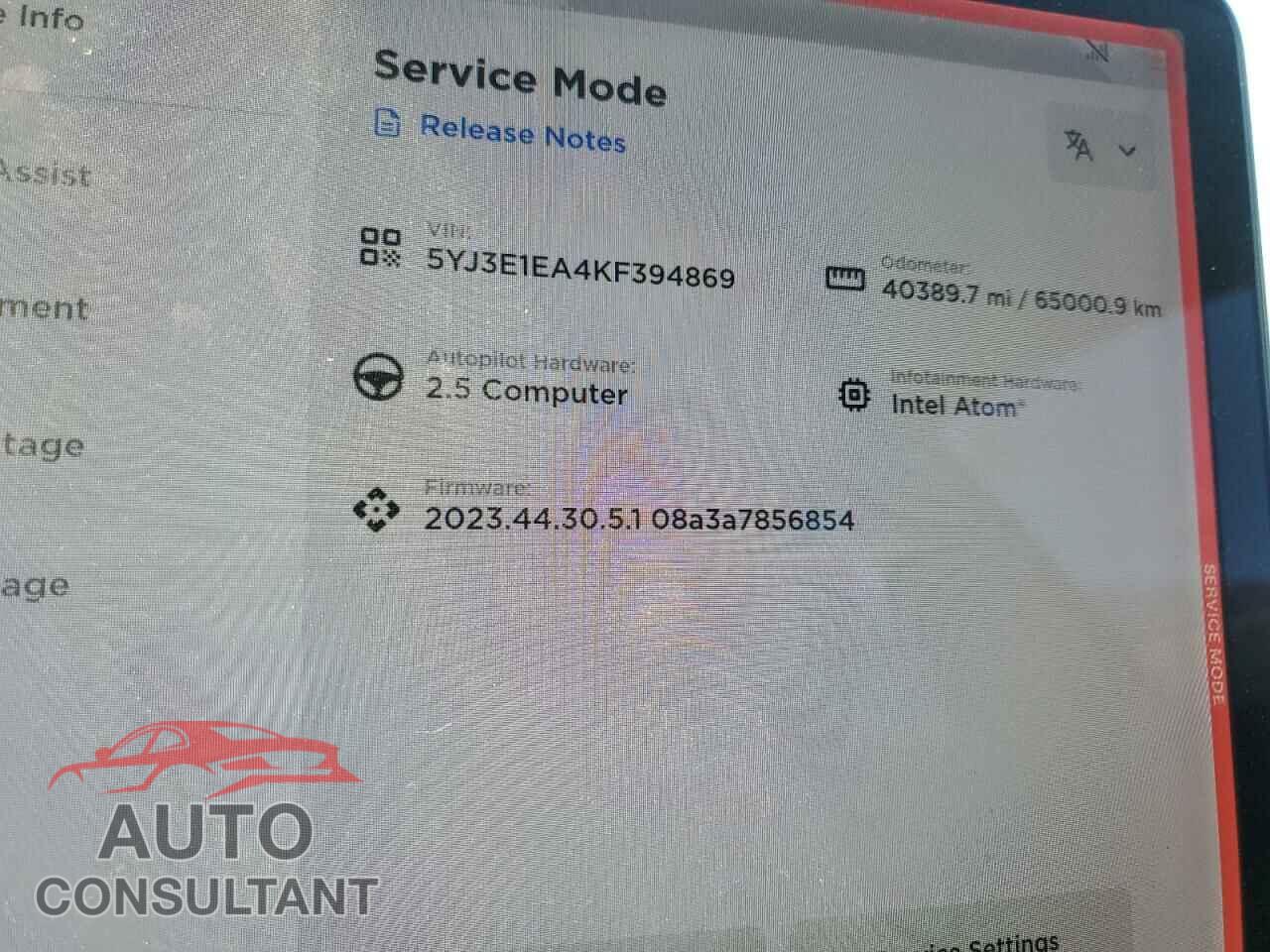 TESLA MODEL 3 2019 - 5YJ3E1EA4KF394869