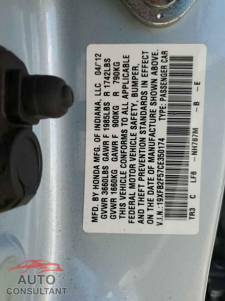 HONDA CIVIC 2012 - 19XFB2F57CE350174