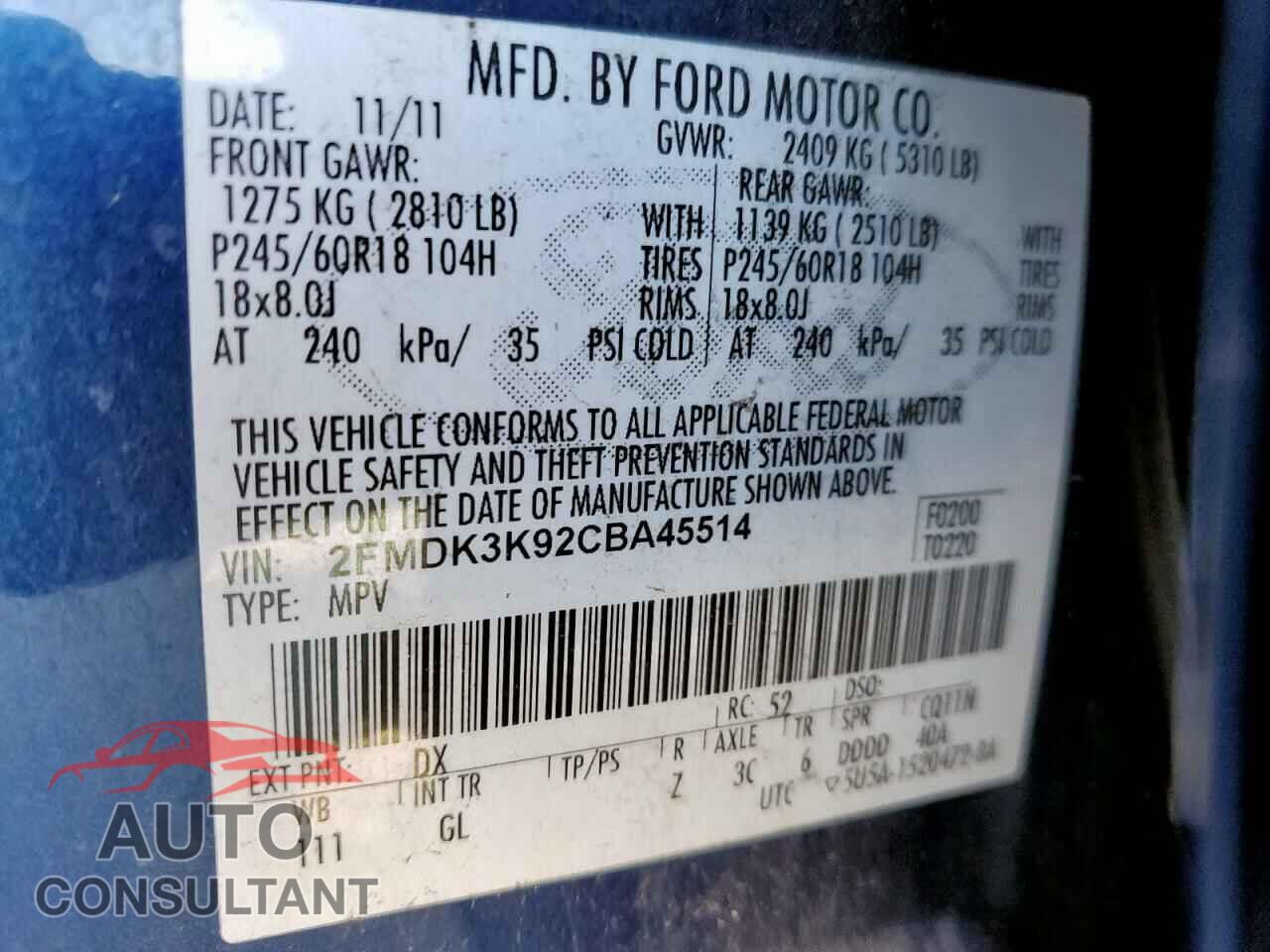 FORD EDGE 2012 - 2FMDK3K92CBA45514