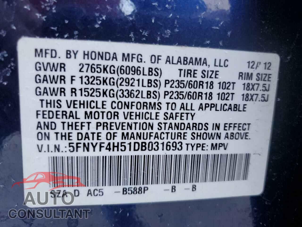 HONDA PILOT 2013 - 5FNYF4H51DB031693