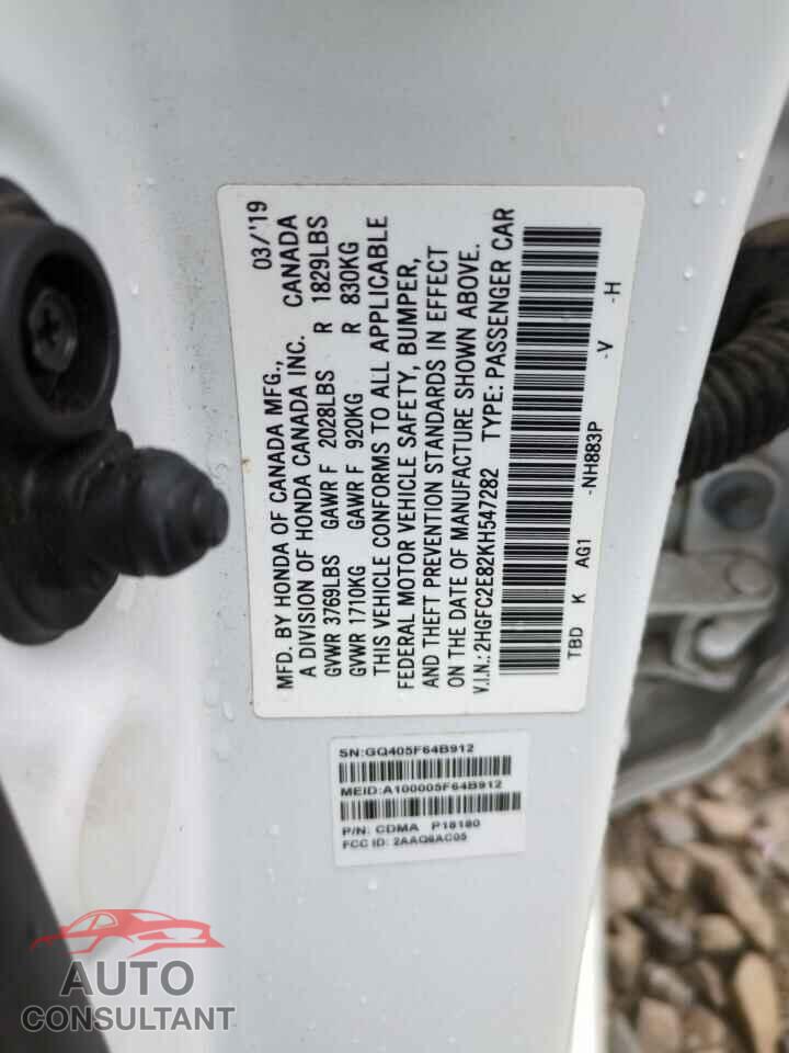 HONDA CIVIC 2019 - 2HGFC2E82KH547282