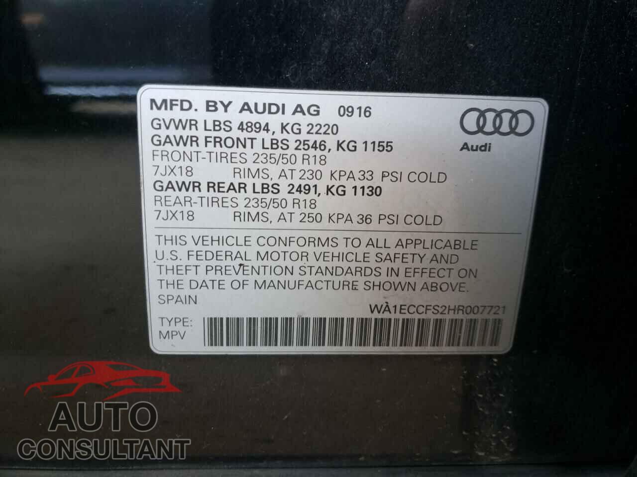 AUDI Q3 2017 - WA1ECCFS2HR007721