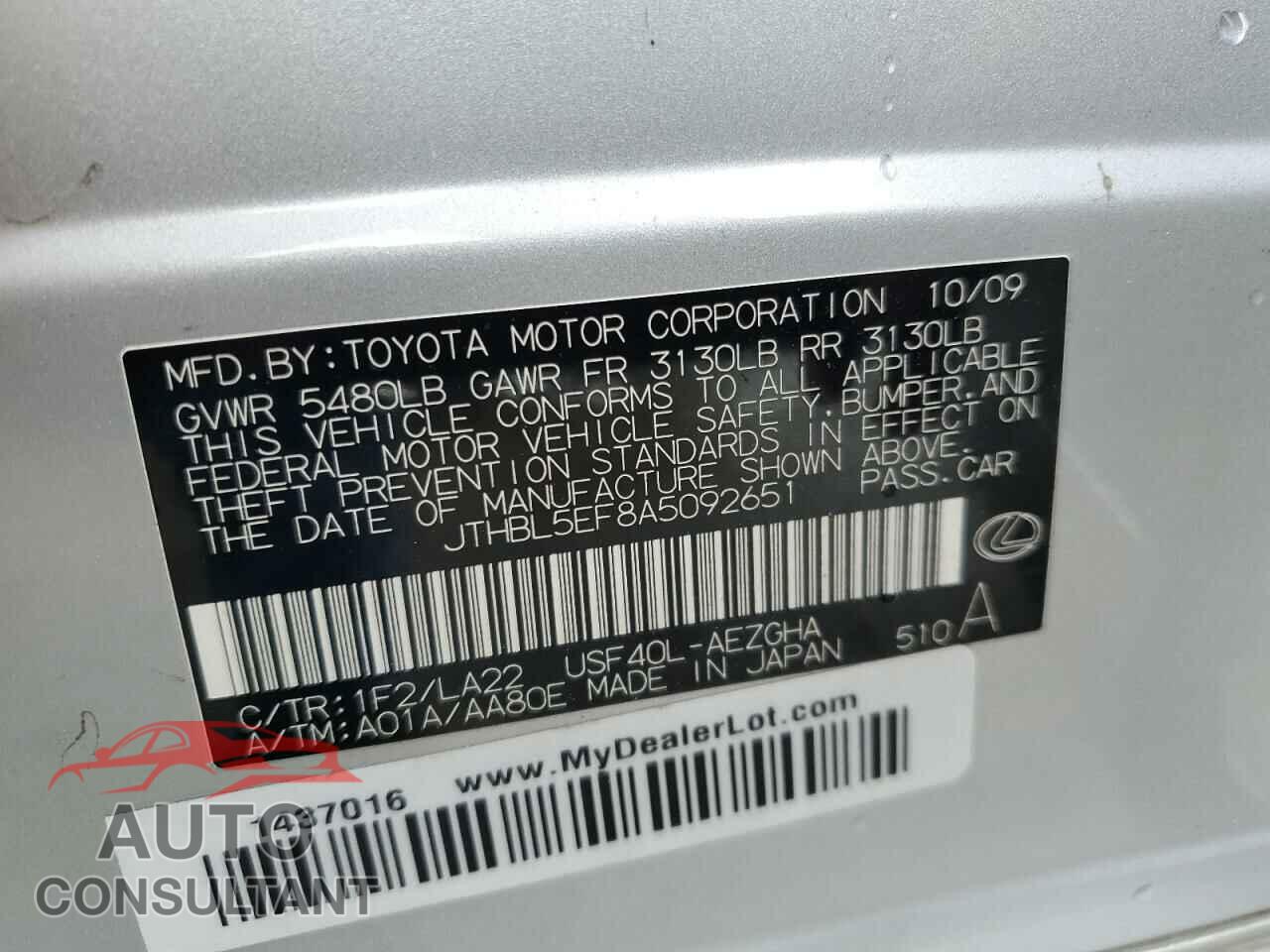 LEXUS LS460 2010 - JTHBL5EF8A5092651
