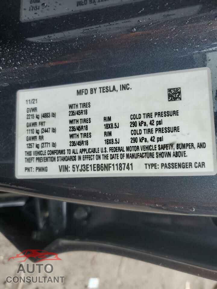 TESLA MODEL 3 2022 - 5YJ3E1EB6NF118741