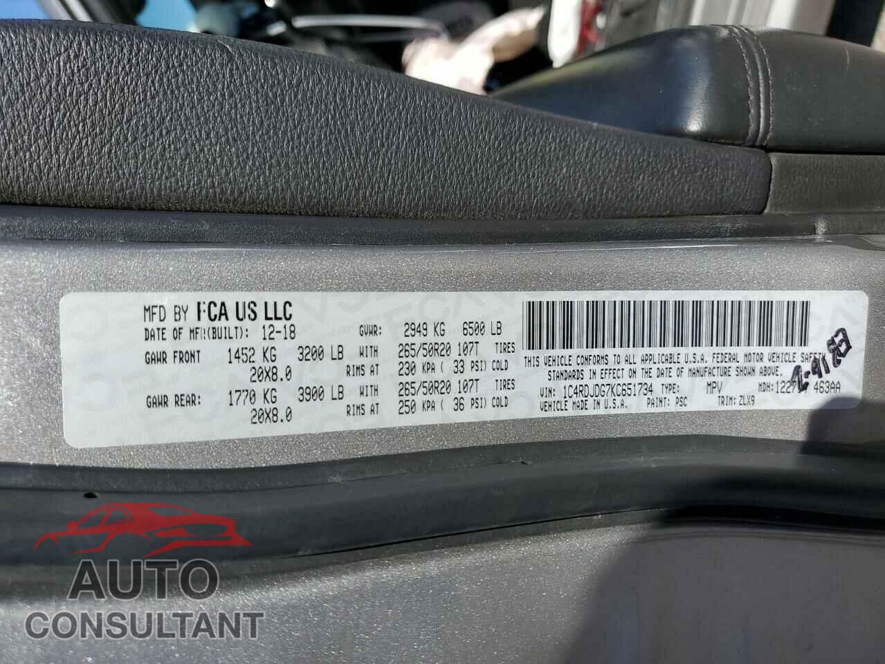 DODGE DURANGO 2019 - 1C4RDJDG7KC651734